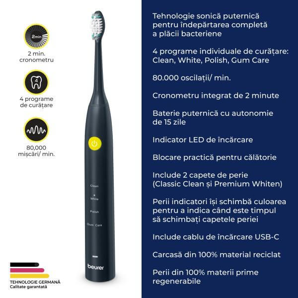 Beurer SC 30 Periuta de dinti electrica sonica Jet Black Green Planet